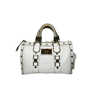 Versace Madonna White Quilted Leather Logo Plate Satchel Boston Top Handle Bag